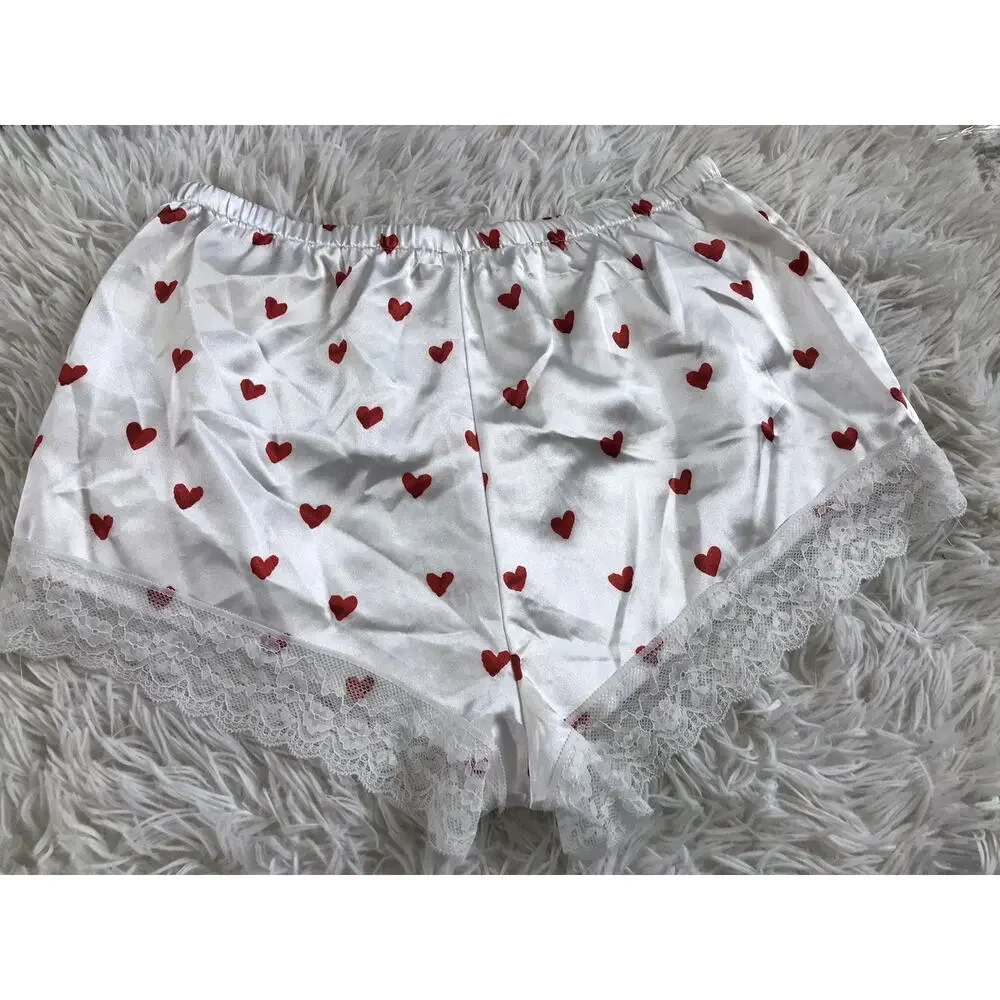 Women's Satin Heart Print Pajama Lace Trim Cami Top Size Medium White